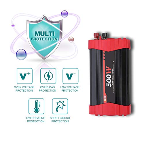 BYGD 500W Power Inverter, Car Charger Adpater DC 12V to AC 110V Car Power Converter 4 USB Quick Charging Ports and Dual AC Outlets Car Charger Adpater with Cigarette Lighter Cable and Battery Clamps - size: 500W