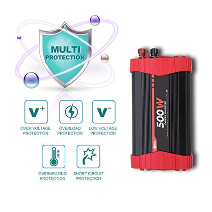 BYGD 500W Power Inverter, Car Charger Adpater DC 12V to AC 110V Car Power Converter 4 USB Quick Charging Ports and Dual AC Outlets Car Charger Adpater with Cigarette Lighter Cable and Battery Clamps - size: 500W