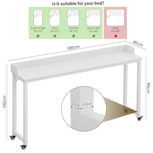 Clevich Overbed Table with Wheels, 16" D x 71" W x 41" H Mobile Bed Desk | Queen Full Size Mobile Computer Desk with eavy Duty Metal Leg, Standing Laptop Cart, for Bedroom, Living Room - color: White