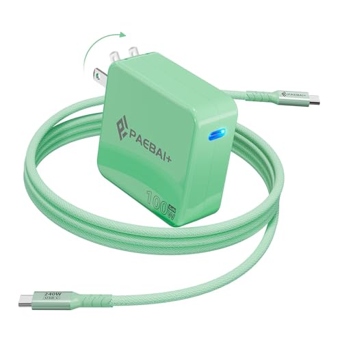 Mac Book Pro Charger PAEBAI+ 100W USB C Charger GaN Foldable Compact Wall Fast Charger for MacBook Air, iPhone 16 15 Series, Samsung Galaxy, iPad Pro and All USB-C Devices, 6.6ft Type C Cable - color: Green