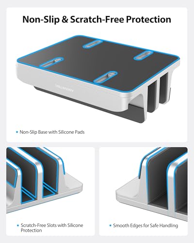 AboveTEK Vertical Laptop Stand, 3 Slots Aluminum Desk Laptop Holder & Laptop Docking Station Stand for MacBook, Tablet, Phone - Universal Fit (Up to 17.3") - Heavy Duty Polished, Anti Slide - Silver - color: Silver