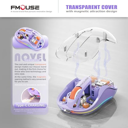 FMOUSE Transparent Wireless Mouse, Tri-Mode Bluetooth & 2.4GHz, Purple | USB-A & USB-C Receiver | Rechargeable | 3 Devices for MacBook Laptop iPad PC | Silent Clicks | Portable | RGB | 4-Level DPI - color: Purple