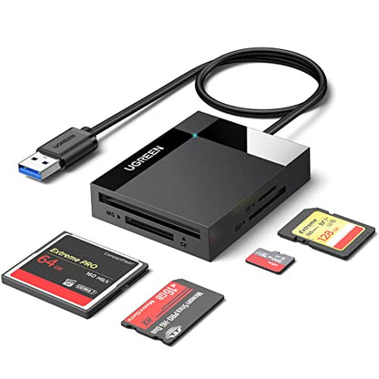 UGREEN SD Card Reader USB 3.0 Card Hub Adapter 5Gbps Read 4 Cards Simultaneously CF, CFI, TF, SDXC, SDHC, SD, MMC, Micro SDXC, Micro SD, Micro SDHC, MS, UHS-I (Black) | Multi USB 3.0 Micro SD Memory Card Adapter for External Camera Photo SD TF MicroSD Mic