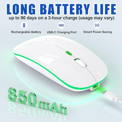 Gizdot-R1 LED Mouse for MacBook Air/iPad/Laptop, Bluetooth Rechargeable Silent Mouse with USB-C, Built-in Mouse Jiggler, 4-Mode Wireless Mouse Compatible with macOS/iOS/Windows/Android - color: White