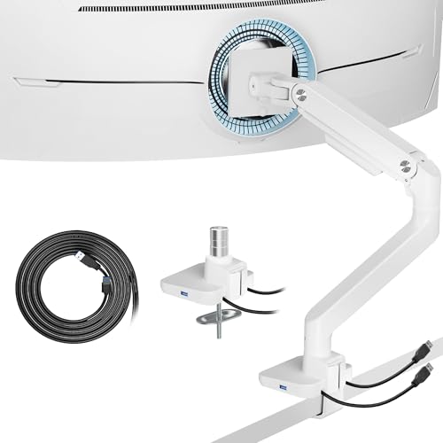 ARES WING Ultrawide Monitor Arms White with USB A/C, Heavy Duty Monitor Arm for 17 to 49 inch Screen, Holds 44 lbs, Adjustable Gas Spring Desk Mount with Clamp and Grommet Base - color: White, size: USB