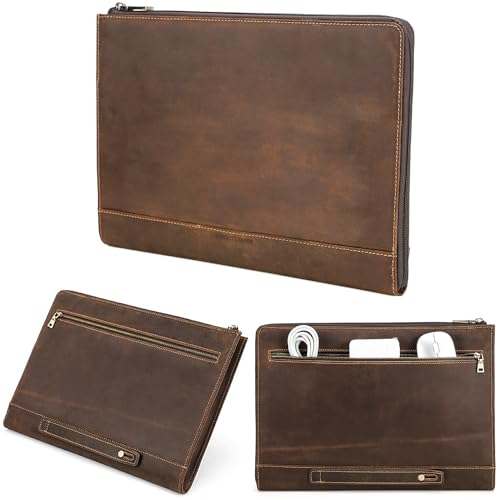Top Grain Leather 14.2" Slim Laptop 90° Zipper Bag, Vintage Design, Handmade, Compatible with MacBook Pro/Air 14"/13.3"/13.6" 2021 2022 M1 Pro/M1 Max A2442 & Other Laptop, Coffee 14.2 Inch - color: 90° Zip & Side Pocket - Coffee, size: 14.2" - Fits MacBoo