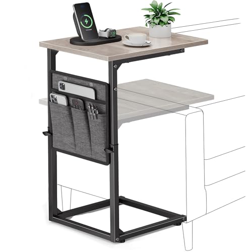Vagusicc C-Shaped End Table, Small Side Table for Couch, Sofa Table Adjustable Height End Tables Living Room, Bedside Slide Under Couch Table for Sofa, TV Tray Table with Metal Frame for Bedroom, Grey - color: Greige, style: With Storage Pocket