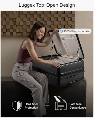 LUGGEX Checked Top Opening Expandable Suitcase Bundle, Black, 28" | Checked Luggage, Travel Packing Cubes, Top Opening Design, 100% PC Hard Shell, Expandable Storage, TSA Approved Lock, FX-Core - color: Black, size: 2-Piece Set Bigger 28-Inch