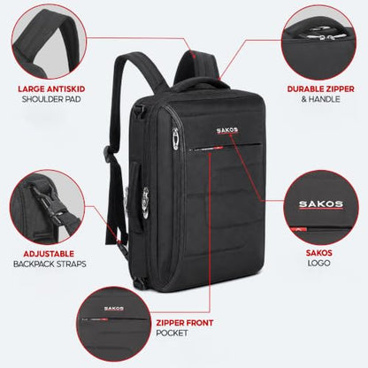 SAKOS Flash 3 in 1 Laptop Bag, 15.6 Inch Convertible Messenger, Shoulder Bag & Backpack, Water Repellent Travel Bag, Professional Work Bag for Men & Women, Briefcase with Laptop Compartment - Black - color: 3. Flash - Black