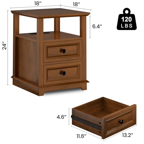 End Table Set of 2, Narrow Side Table with 2 Drawers | Type-C & USB Port & Power outlets, Wooden Nightstand for Living Room and Bedroom - color: Glossy Brown, size: 1 Set