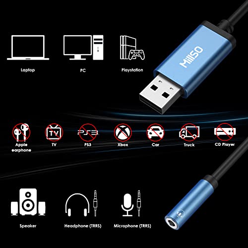 MillSO USB to 3.5mm Audio Jack Adapter, Sapphire Blue TRRS USB to AUX Audio Jack External Stereo Sound Card for Headphone, Speaker, PS4, PS5, PC, Laptop, Desktops - 1 Feet - size: 1 Feet