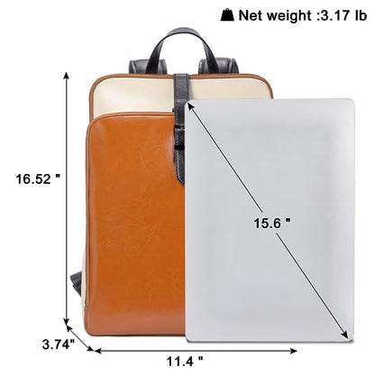 CLUCI Leather Backpack for Women, 15.6 inch Laptop Bag, Large Genuine Work Backpack Travel Back - color: 0-1 Brown With Off-white