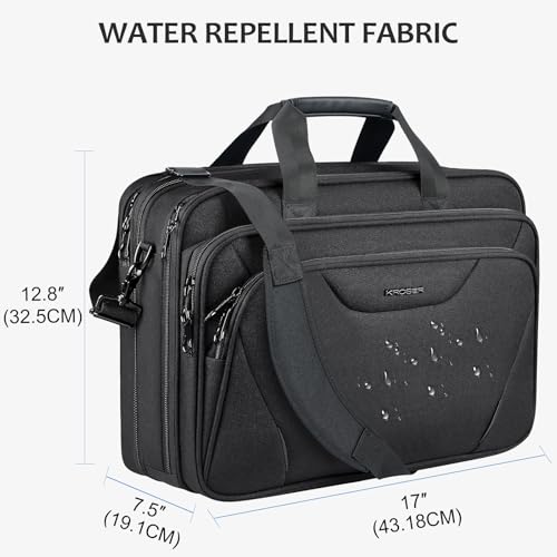 KROSER 17.3 Inch Laptop Computer Briefcase, Water-Repellent Messenger Bag | Expandable design, padded laptop compartment,shoulder and luggage strap for business, travel, men and women-Black - color: Black