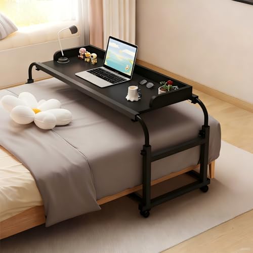 Overbed Table with Wheels and Desktop Enclosure, Height and Length Adjustable Over Bed Desk King Queen Bed Table Overbed Laptop Table (Black) - color: Black