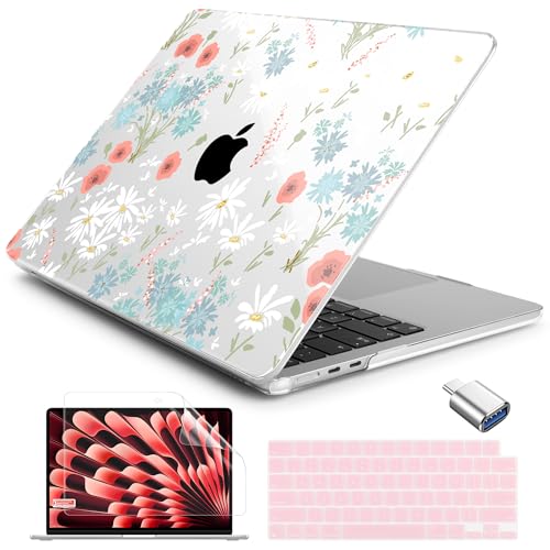 Batianda LumiArt Case for MacBook Air 13.6" M2-M5 Chip, White Flower | 4-in-1 Set with Bright Color Botanical Design, Lightweight Slim Hard Shell Protection For School Girls Women and Travelers - color: Cute White Flower