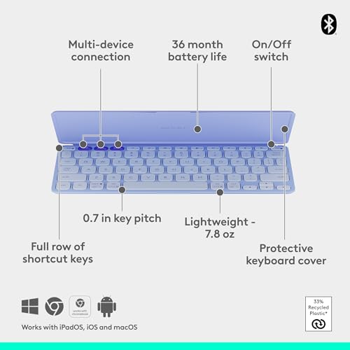Logitech Keys-to-GO 2 Portable Bluetooth Tablet Keyboard - Lilac | Built-in cover, slim & compact wireless design, for Windows, Android, Linux, iPad, iPhone, Mac, Apple TV - color: Lilac, style: Keys-To-Go 2
