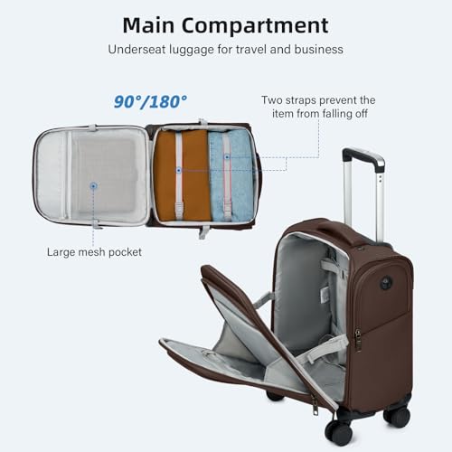 HanTrip 16 Inch Underseat Carry On Luggage with Wheels Softside Small Suitcases Personal Item Bag with Pocket Travel Luggage for Men Women Business Overnight Bag(Coffee) - color: Coffee