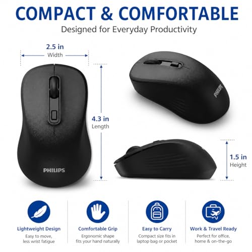 PHILIPS Wireless Mouse for Laptop, Bluetooth and 2.4GHz, Silent Click | Bluetooth and 2.4GHz dual mode with USB nano receiver; silent click; 3 DPI levels; compact ambidextrous design; AA included