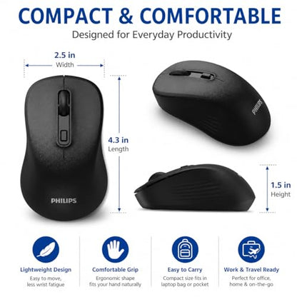 PHILIPS Wireless Mouse for Laptop, Bluetooth and 2.4GHz, Silent Click | Bluetooth and 2.4GHz dual mode with USB nano receiver; silent click; 3 DPI levels; compact ambidextrous design; AA included
