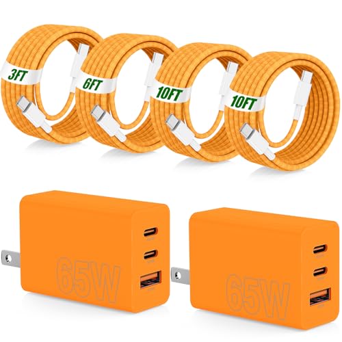 65W Super Fast Charger Type C for Samsung,3 Port 100W Quick Charging 3.0 USB C Block & 3/6/10/10FT Braided Type C Cord for Samsung Galaxy S26 Ultra/S26/S25 Ultra/iPhone 17 Pro/MacBook Pro/Air-Orange - color: Orange, size: 10FT+10FT+6FT+3FT