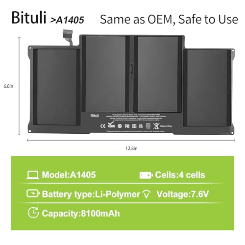 A1405 A1466 Replacement Battery for MacBook Air 13 inch A1377 A1369 (Late 2010 Mid 2011 Mid 2012 Mid 2013 Early 2014 Version), Also fit A1496 661-5731 MC503 MC504 - color: A1405