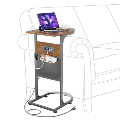C Shaped End Table with Charging Station, Small Side Table for Couch, C Table Slides Under Sofa with Storage Bag, TV Tray Table for Recliner, Living Room, Bedside, Bedroom, Small Spaces, Rustic Brown - color: Charging Station Rustic Brown