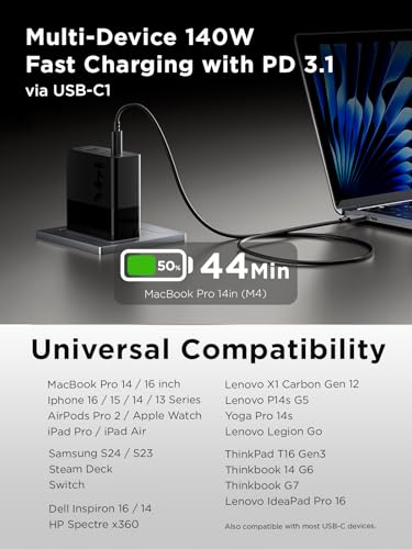 Lenovo 140W USB C Charger, GaN Power Adapter with 3-Port Fast Charging, PD 3.1 Compatible, Black, for ThinkPad, MacBook, iPhone, Samsung Galaxy, with 240W Cable - size: 3 Port - 140 W