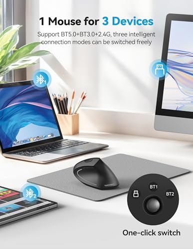 TECKNET Ergonomic Mouse with Jiggler, Bluetooth Wireless Vertical Mouse, 4800DPI Rechargeable Carpal Tunnel Mouse, Undetectable Random Movement Keeps Computers Awake for PC, Laptop, Mackbook - color: Dark Grey