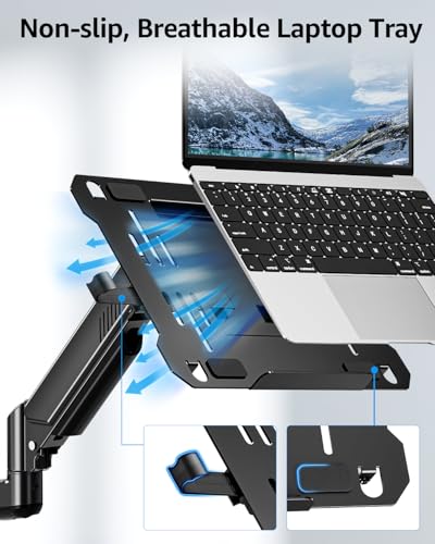 MOUNTUP Laptop Wall Mount, Adjustable Laptop Mount for Max 17" Notebook or Max 32" Monitor, Wall Mount Laptop Holder Holds 4.4-22lbs, 2-in-1 Laptop Arm with Ventilated Tray - size: Single, style: Wall mount