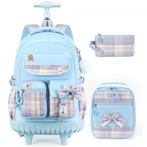 ACESAK Rolling Backpack for Girls - Roller Wheels School bag with Lunch Bag & Pencil Pouch for Teen Girls Kids Wheeled Suitcase Backpacks, Elementary Middle School Travel Daypack (Blue) - color: Blue