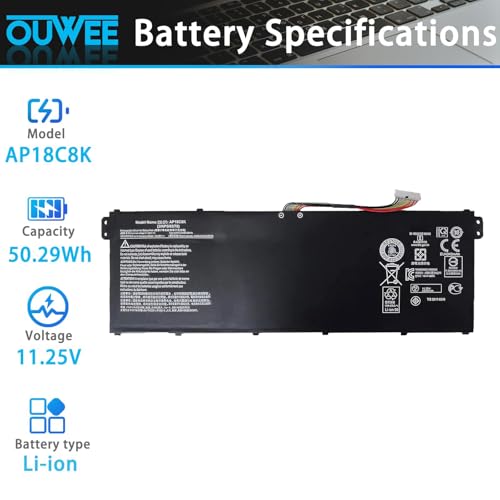 AP18C8K Laptop Battery Compatible with ACER Aspire 5 A514-52 Chromebook 314 C933 Swift 3 SF314-42 SF314-57 SF314-57G SF314-58 Series 3INP5/82/70 11.25V 50.29Wh 4471mAh 4-Cell - size: 9.65*3.35*0.22 inch AP18C8K