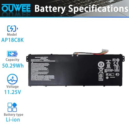 AP18C8K Laptop Battery Compatible with ACER Aspire 5 A514-52 Chromebook 314 C933 Swift 3 SF314-42 SF314-57 SF314-57G SF314-58 Series 3INP5/82/70 11.25V 50.29Wh 4471mAh 4-Cell - size: 9.65*3.35*0.22 inch AP18C8K