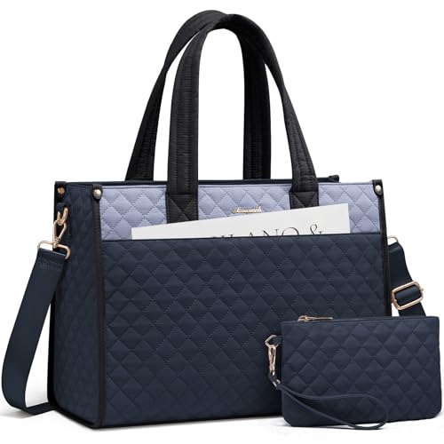 LOVEVOOK Laptop Tote Bag for Women,Canvas Work Tote Bag for Women with Clutch Purse,15.6 Inch Computer Briefcase Bag,Professional Teacher Business Office,Lightweight Shoulder Travel - color: Ink Blue and Light Blue and Black, size: 15.6 inch