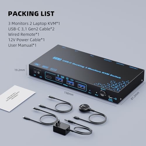 2 Laptops 3 Monitors KVM Switch 2 Port MST Dual USB-C Docking KVM Switches Triple Monitor Support Max 10Gbps USB Transfer Dual 4K@60Hz & One 1080P@60Hz Video Output, 100W PD Charging