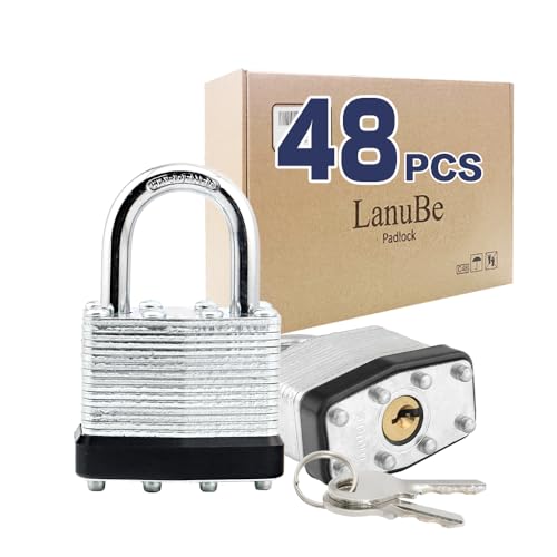 LanuBe Laminated Keyed Alike Padlock 48 Pack 1.6-in Wide Standard Shackle | Brass cylinder with keyed alike design.One key opens all locks. Black ，Standard shackle for gates, sheds,hasps ＆ toolboxes - size: 48 Pack Black