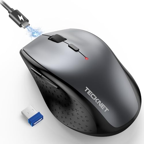 TECKNET Rechargeable Mouse,2.4 GHz Ergonomic Silent Mice with 6 Buttons | Plug and Play 6400 DPI Portable Cordless Travel Mice-Wide Compatibility - color: Grey
