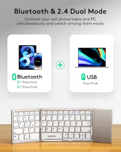 Samsers Foldable Bluetooth Keyboard with Touchpad, Slim Compact, Silver | Multi-touch Trackpad, Full Size, Phone Holder, USB-C Charging, 3 Device, for Android Windows iOS Mac OS, Mobile Productivity - color: Frost Silver, size: 3-Device