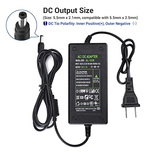TOBWOLF DC 12V 3A Power Adapter, 36W AC 100-240V US Plug with 4.6FT Cord | 5.5mm × 2.1mm DC Plug, AC to DC Transformers, Switching Power Supply for LED Strip Lights, CCTV Cameras & Wireless Routers - size: 12V 3A