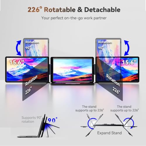 Laptop Screen Extender 15.6" Detachable Portable Monitor for Windows | Triple Screen Laptop Monitor Extender for 13-17.3" MacBook (excl. M1 M2 M3) FHD IPS Plug&Play for Travel Business Watch Party - size: 15.6-inch Screen Extender