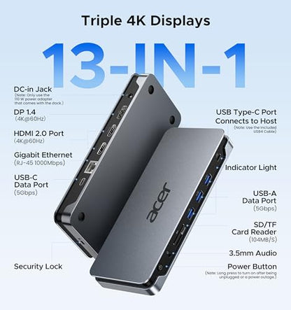 Acer 13-in-1 Laptop Docking Station, USB-C 3 Display Docking (2 HDMI+1 DP) | 100W Laptop Charging, 5Gbps USB-A/C, 1Gbps LAN, Requires Full-Featured USB-C Port, Windows Compatible,macOS Supports Only SST