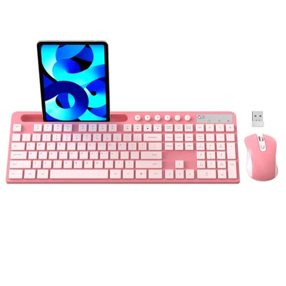 Wireless Keyboard and Mouse Combo, MARVO 2.4G Ergonomic Wireless Computer Keyboard with Phone Tablet Holder, Silent Mouse with 6 Button, Compatible with MacBook, Windows (Sakura Pink) - color: Sakura Pink