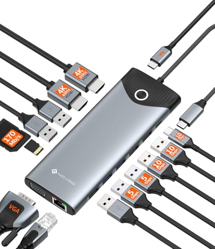 NOVOO 10Gbps USB-C Docking Station, 15-in-1 Dual/Triple 4K 60Hz HDMI & VGA, 100W PD Charging, 7USB-A+1USB-C, Gigabit Ethernet, SD/TF, Audio, Multiport Dock for MacBook HP Dell Lenovo Surface - style: 15-in-1