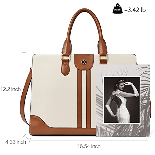 BOSTANTEN Leather Laptop Briefcase for Women Shoulder Bag 15.6 Inch Business Computer Work Tote - color: B-beige