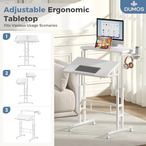DUMOS Rolling Standing Desk, Sit Stand Desk, Computer Cart | Manual Height Adjustable, Split Top Mobile, Laptop Workstation, Portable Home Office, Walking Pad Study Surface, White - color: White