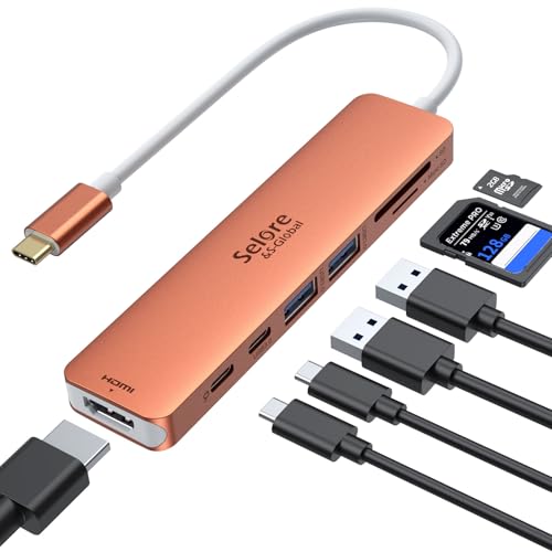 USB C Hub HDMI Adapter for MacBook Pro/Air, 7 in 1 USBC Dongle with HDMI, microSD/SD Card Reader, USB C Data Port,100W PD, and 2 USB 3.0 Compatible for MacBook Pro/Air, Dell XPS, Lenovo Thinkpad. - color: Orange