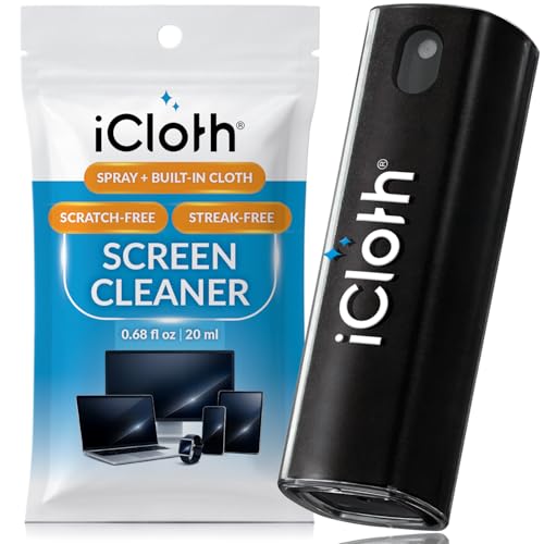 iCloth 2-in-1 Screen Cleaner Spray with Built-in Microfiber Cloth for Laptops, Tablets, Phones, Car Screens, and Touchscreens, Streak-Free & Anti-Smudge, Large 0.68 fl oz (20ml) Bottle