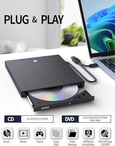 9 in 1 External CD DVD Drive, USB 3.0 and Type-C Disc Reader Writer Burner Player,Slim and Portable CD DVD +/-RW Optical Drive for PC Laptop Desktop MacBook Mac Windows Linux OS Apple - style: 9 in 1