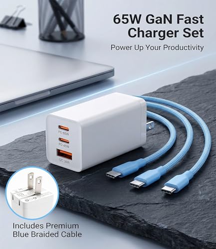 65W USB C Laptop Charger, 3-Port PD Wall Charger Block with 3 Cables (2x1.2m+1x0.6m), Foldable Travel Adapter for Phone, Tablet, Compatible with MacBook - Blue