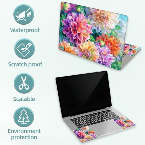 Universal Laptop Skin Decal, 3-Piece Vinyl Protector for 12 13 14 15.6" Notebook, Waterproof Anti-Scratch, Easy Trim & Bubble-Free Finish, Dahlia and Peony Flowers - color: Dahlia and Peony Flowers
