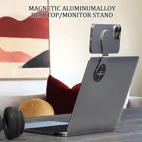 Universal Magnetic Phone Mount Holder for Computer Monitor Laptop Car Dashboard - Aluminum Foldable Adjustable Stand with Magsafe & 270° Rotation, Compatible with iPhone Tesla Dual Screen Setup